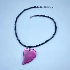 Agate Gemstone Heart Pendant on Beaded Matte Onyx w/ Sterling Silver Clasp