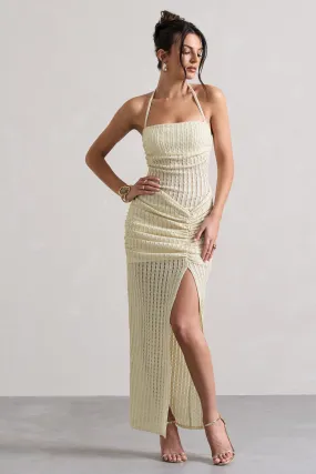 Amalfi | Robe longue écru texturée à décolleté halter transparent