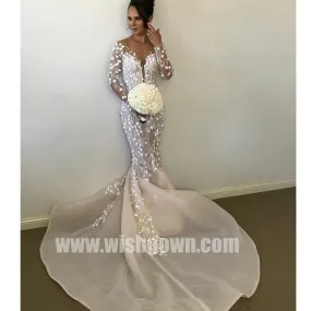 Charming Unique Long Sleeves Applique Mermaid Long Wedding Dresses, BW1512