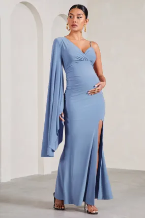 Rhea | Robe longue de maternité bleu poudré fendue à col en V et manches cape